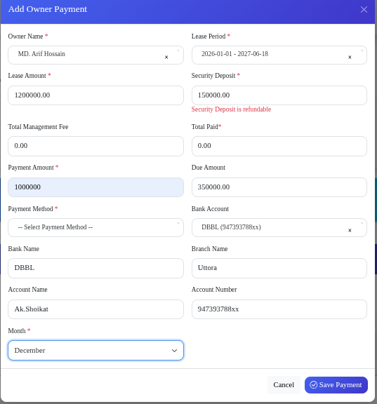 Owner Payment Management Dashboard