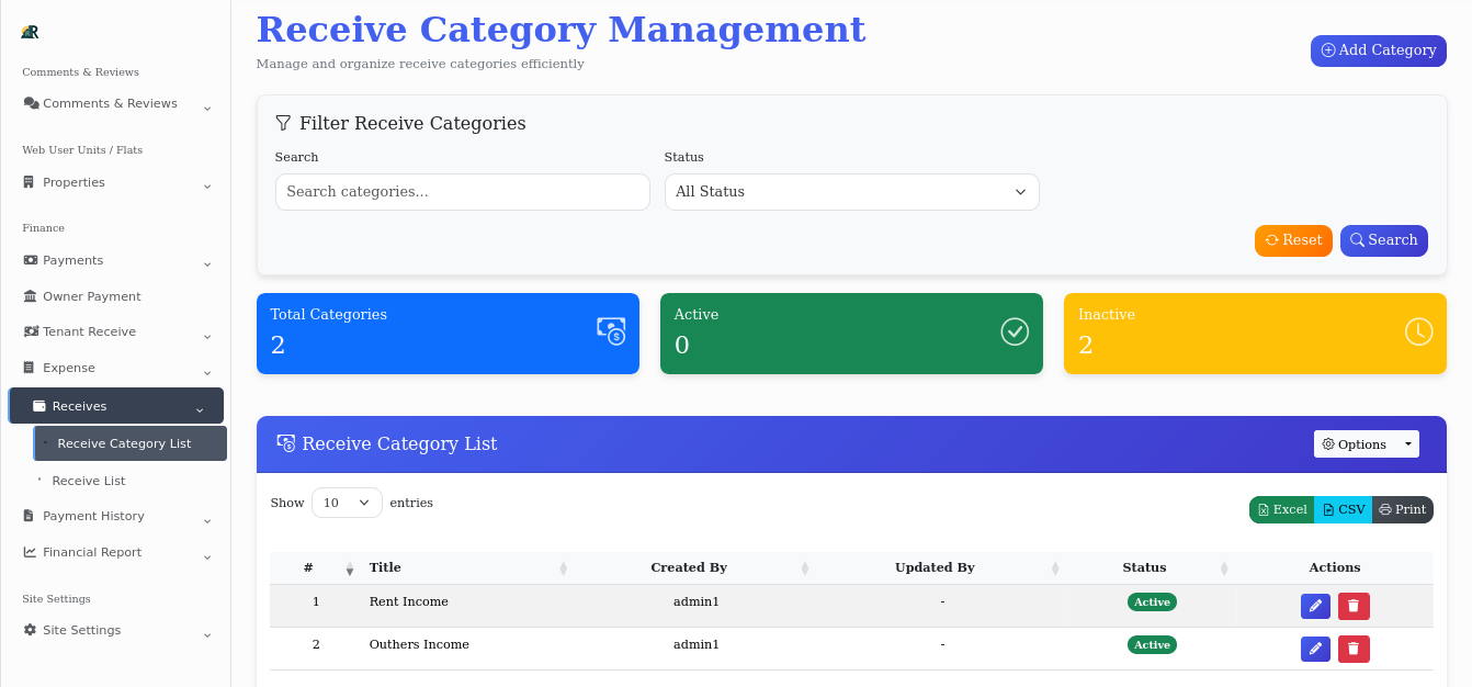 Receive Payment Management Dashboard