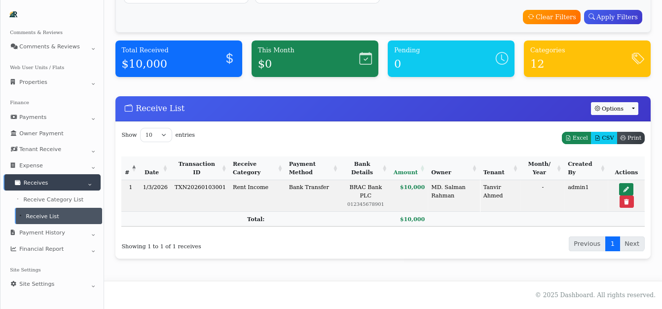 Receive Payment Management Dashboard
