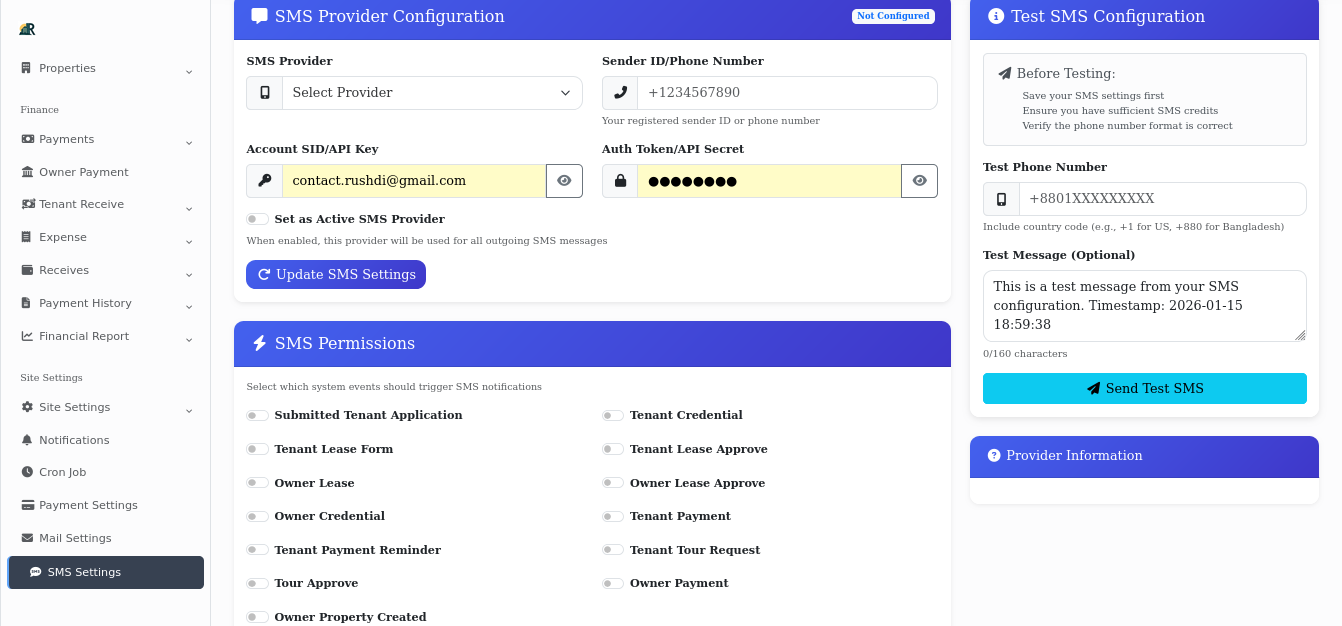 SMS Settings Configuration Panel