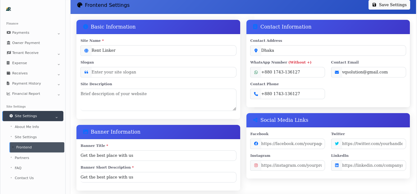 Site Settings Configuration Panel