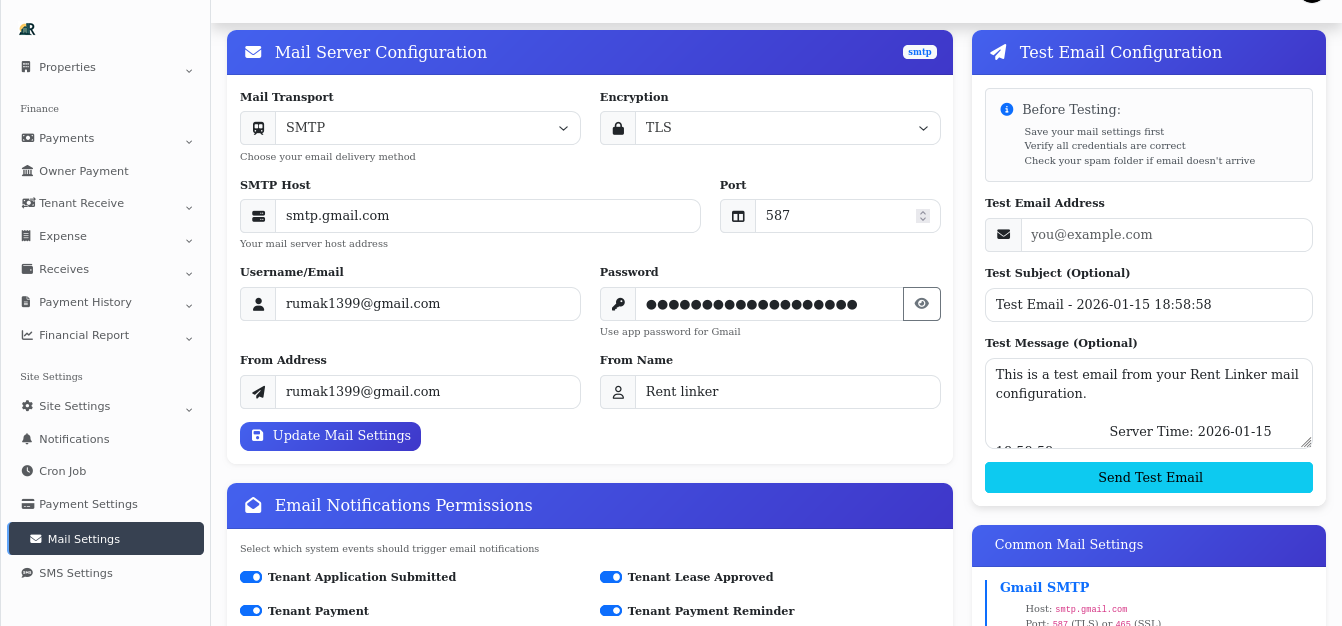 Mail Settings Configuration Panel
